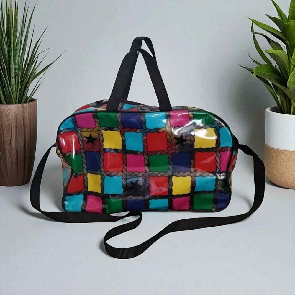 Vintage Designs on Travel Clear PVC Color Block Retro Travel Makeup Purse Bag
